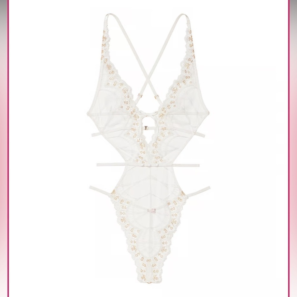 New! Victoria’s Secret Strappy-Back Lace Teddy White Gold 4330